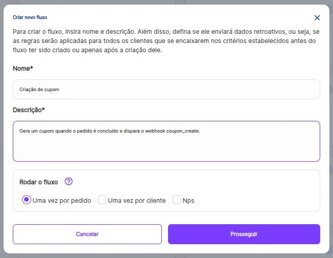 Modal Criar novo fluxo preenchido