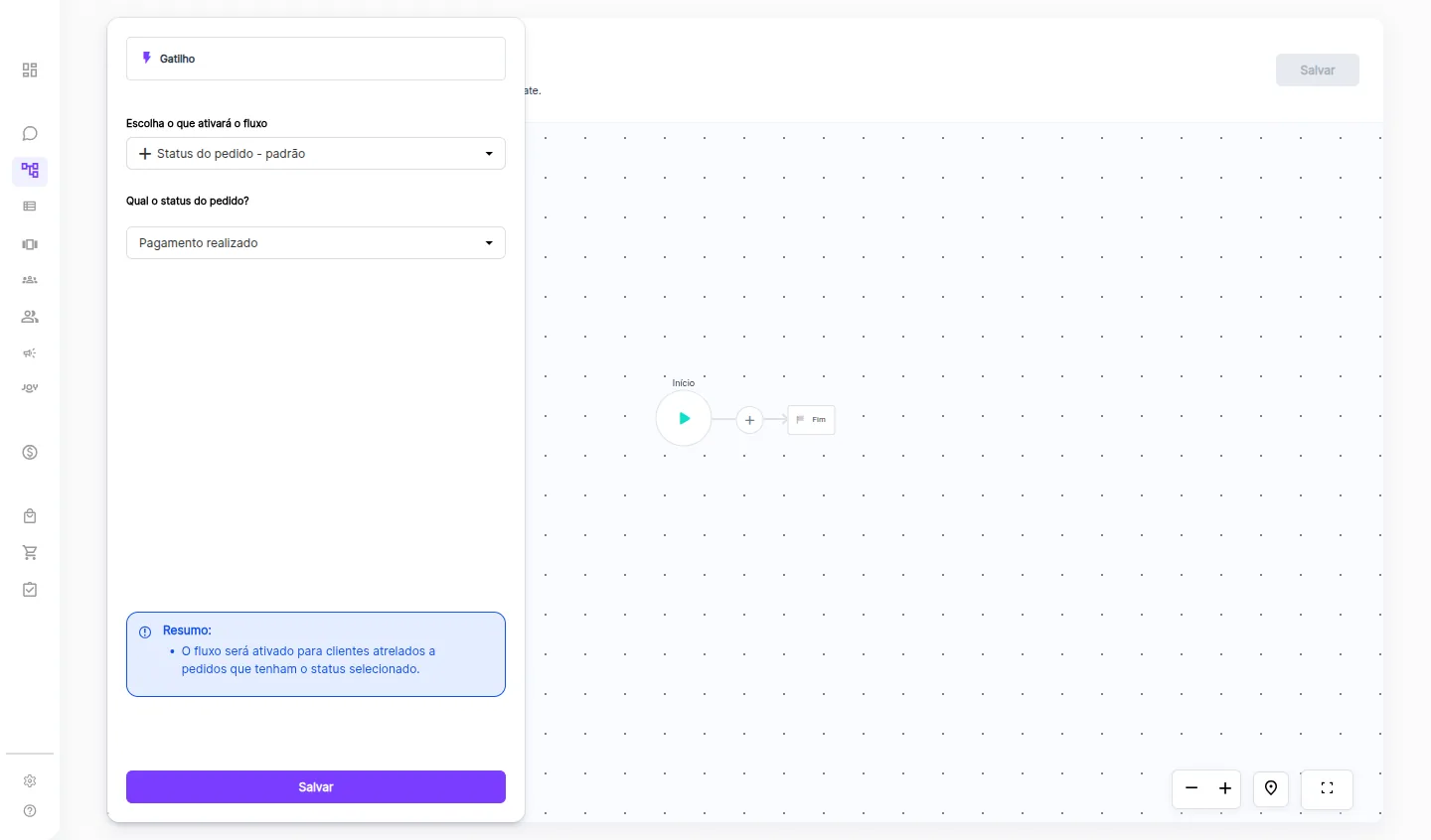 Painel do gatilho com status Pagamento realizado