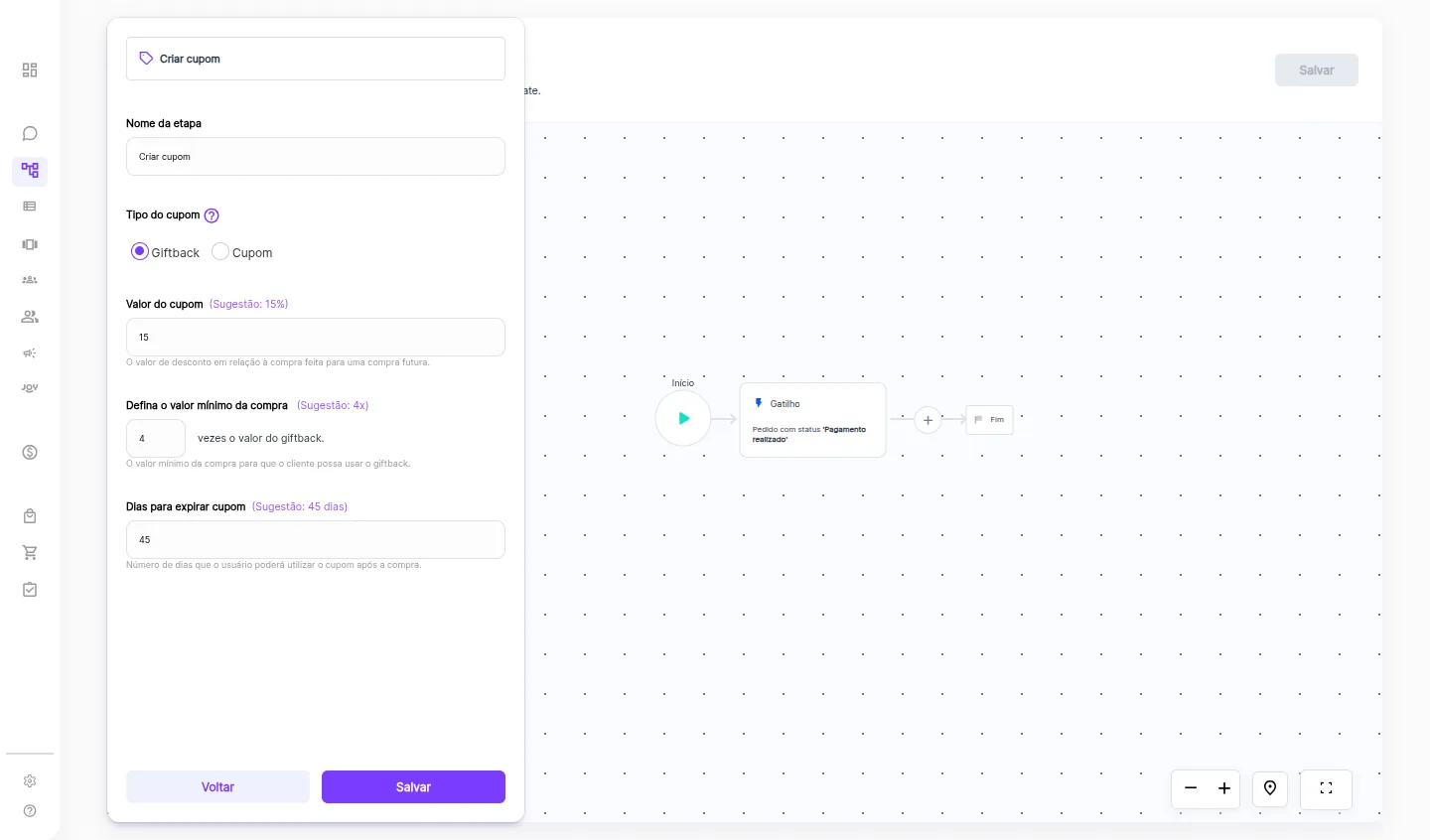 Configuração do step Criar cupom com tipo Giftback